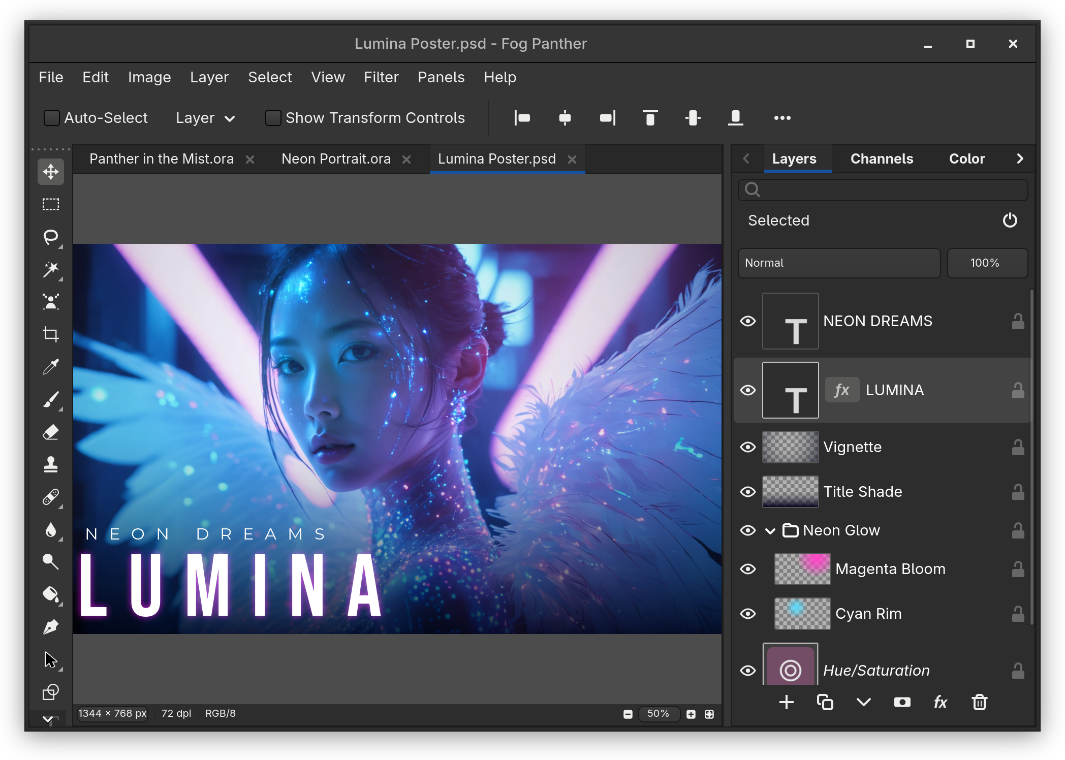 Fog Panther editing a neon poster with live text layers, layer effects and layer groups